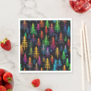 Serviette En Papier Arbre de Noël Coloré Brille Dans une Forêt Sombre