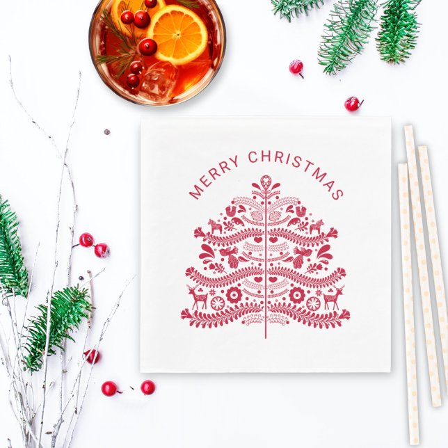 Serviette En Papier Arbre de Noël d'art populaire scandinave rouge (Créateur téléchargé)