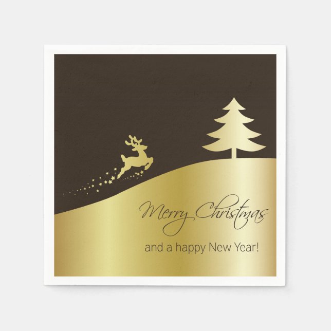 Serviette En Papier Arbre de Noël doré avec rennes (Devant)