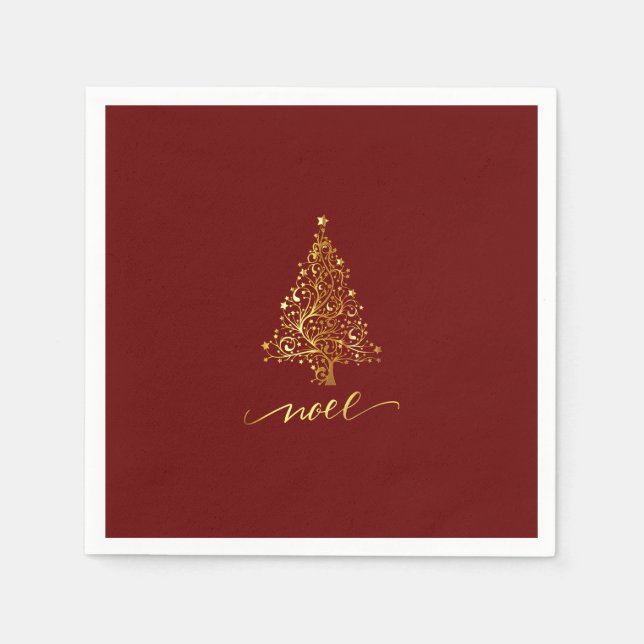 Serviette En Papier Arbre de Noël élégant rouge foncé et or pour Noël (Devant)