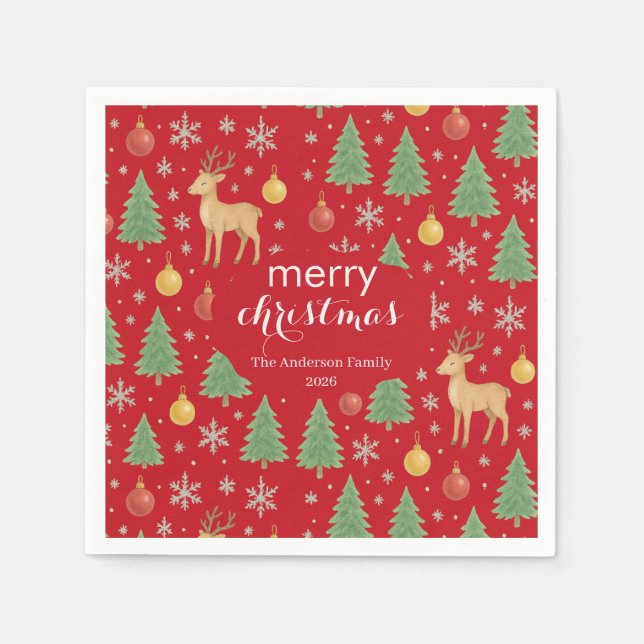 Serviette En Papier Arbre de Noël et rennes aquarelles - (Devant)