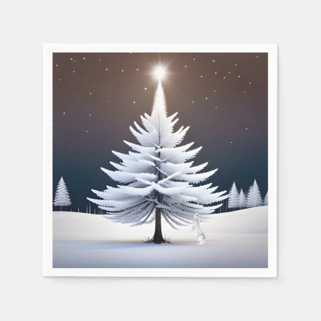 Serviette En Papier Arbre de Noël Frosté Avec Lapin D'Hiver (Devant)
