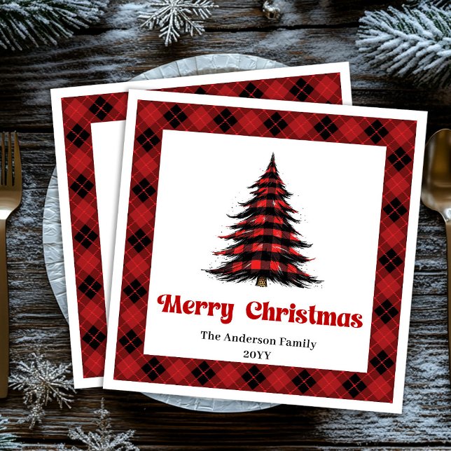 Serviette En Papier Arbre de Noël Nappe Rustique de Buffalo Modifiable (Rustic Buffalo Christmas Tree Napkin Editable)