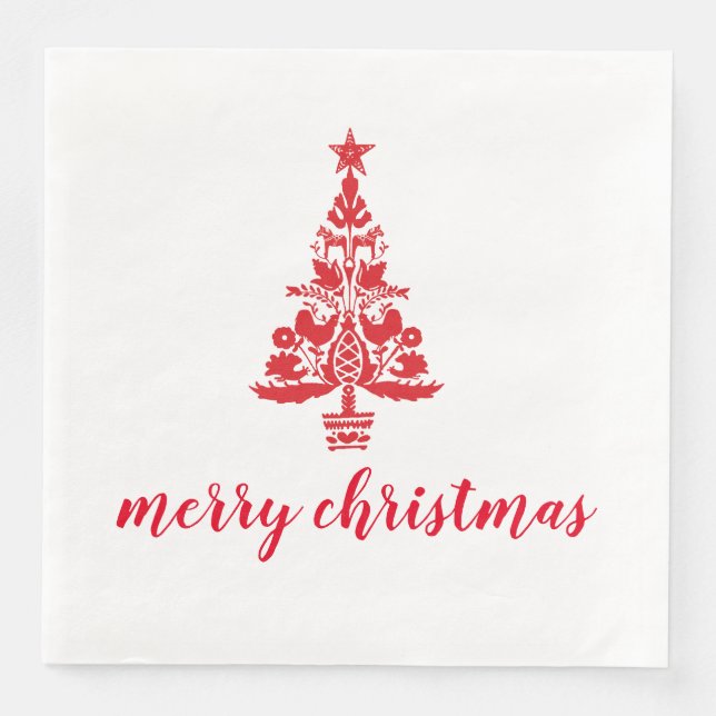 Serviette En Papier Arbre de Noël rouge Joyeux Noël scandinave (Devant)