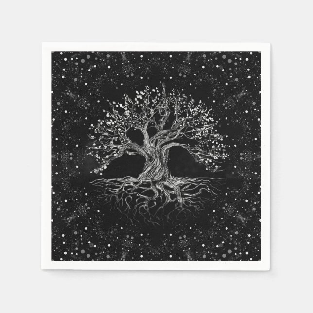 Serviette En Papier Arbre de vie Dessin noir et blanc (Devant)