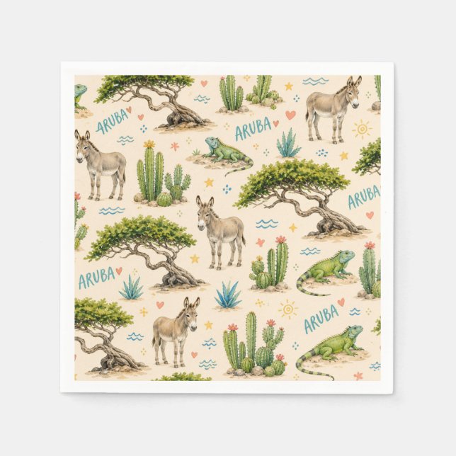 Serviette En Papier Arbre divi d'Aruba, âne, iguane, cactus (Devant)