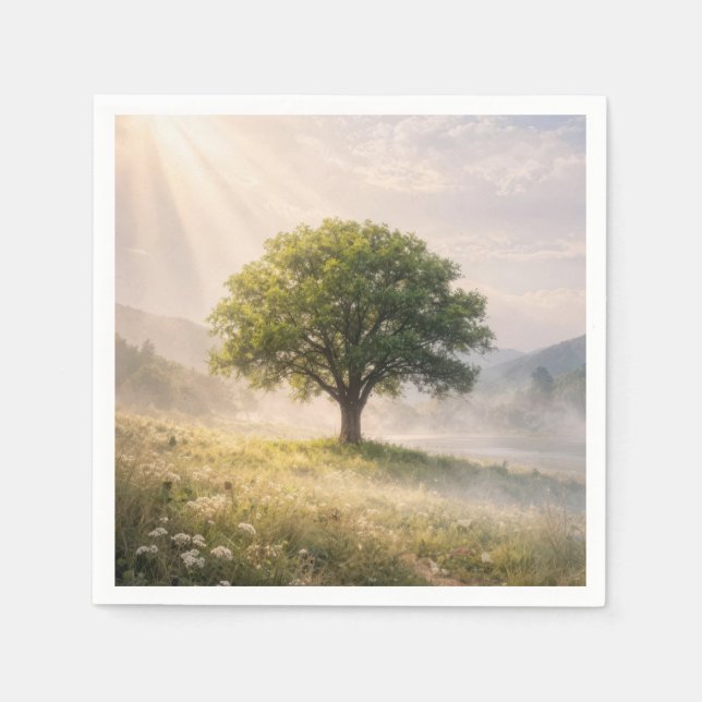 Serviette En Papier Arbre vert solitaire dans la brume avec rayons de  (Devant)