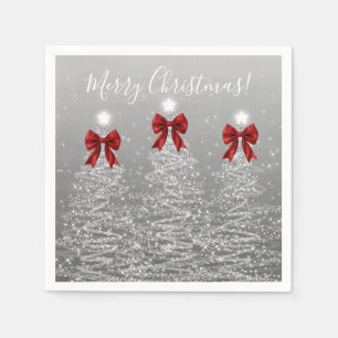 Serviette En Papier Arbres de Noël argentés festifs avec rubans rouges