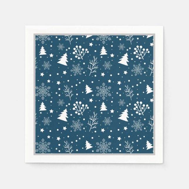 Serviette En Papier Arbres de Noël Bleus et Blancs, Snowflakes (Devant)
