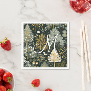 Serviette En Papier Arbres de Noël Monogramme Vintage Bohème Vert Or