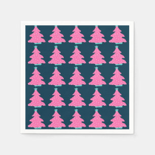 Serviette En Papier Arbres de Noël rose contemporain sur bleu marine