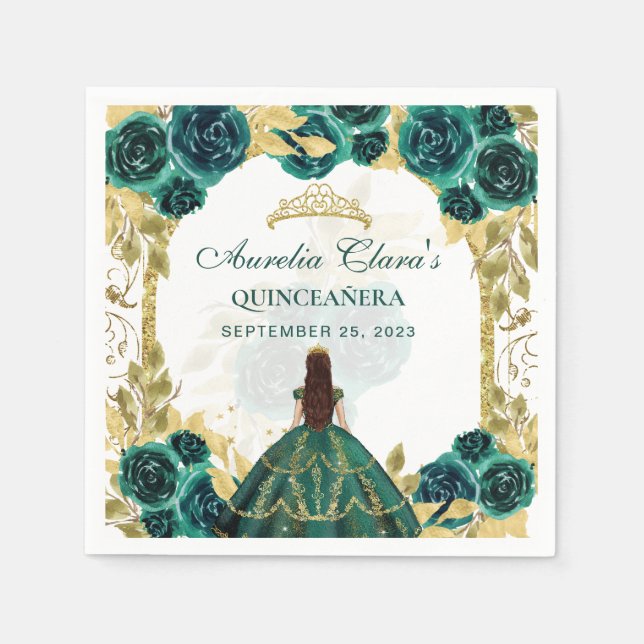 Serviette En Papier Arc d'or Princess Floral Vert Quinceanera (Devant)