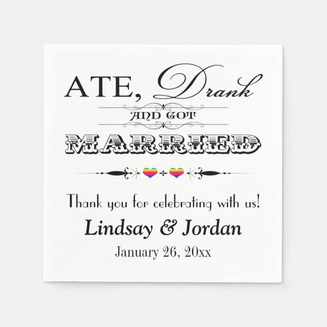 Serviette En Papier Arc-en-ciel Coeurs et rouleaux Mariage serviettes (Devant)