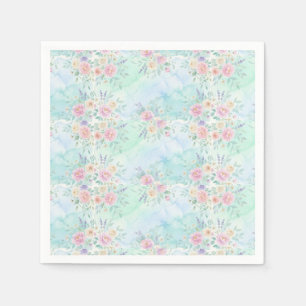 Serviette En Papier arc-en-ciel floral pastel aquarelle fond bleu vert