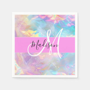 Serviette En Papier Arc-en-ciel Girly Holographique Iridescent Monogra