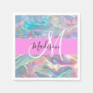 Serviette En Papier Arc-en-ciel girly holographique iridescent monogra