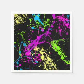 Serviette En Papier Arc-en-ciel rétro de Neon Paint Splateaux sur Noir