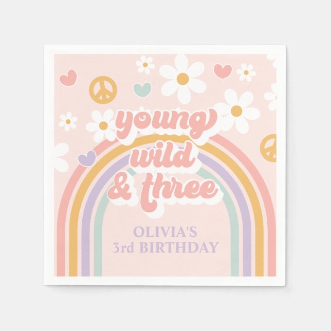 Serviette En Papier Arc-en-ciel Rétro Jeune Sauvage Trois 3ème Anniver (Devant)