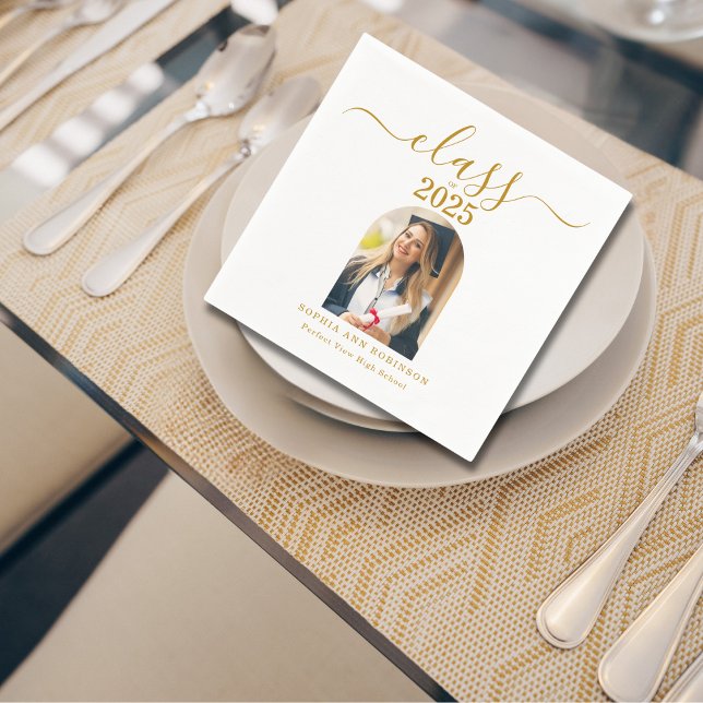 Serviette En Papier Arch Photo Elegant Gold Script Graduation Party (Créateur téléchargé)