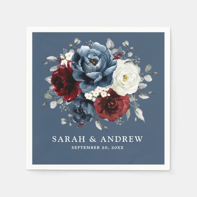 Serviette En Papier Ardoise Burgundy Blanc Ivory Floral Mariage Na (Devant)