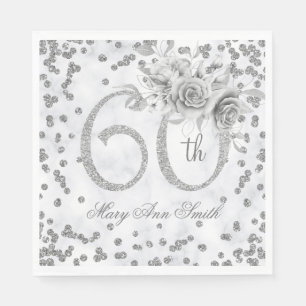Serviette En Papier Argent 60e anniversaire Floral Glam Marble 
