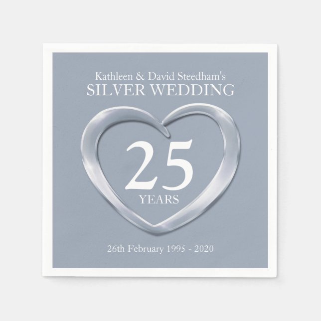 Serviette En Papier Argent anniversaire de la photo de coeur noms serv (Devant)