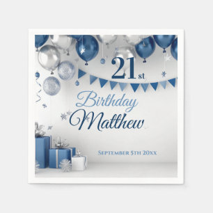 Serviette En Papier Argent bleu 21e anniversaire