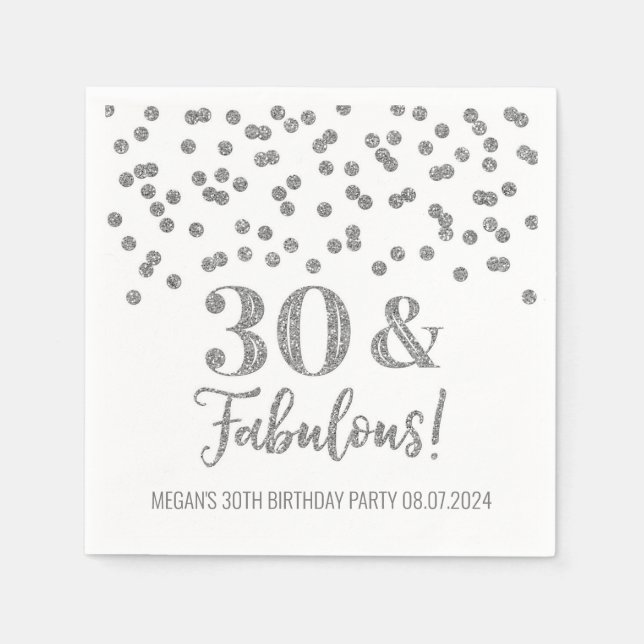 Serviette En Papier Argent Confetti 30 & Fabuleux (Devant)