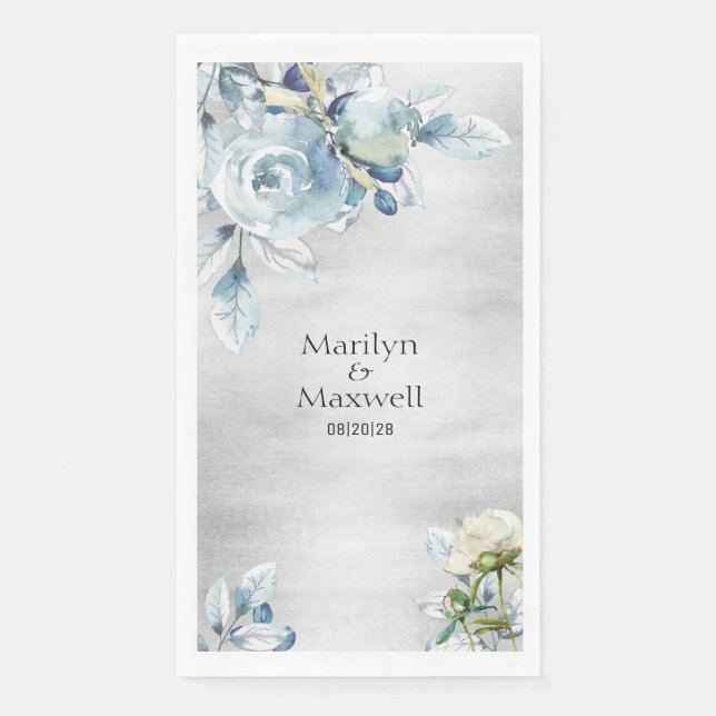 Serviette En Papier Argent Dusty Blue Peony Mariage long dîner Napkin (Devant)