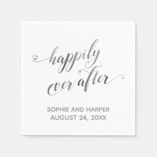 Serviette En Papier Argent et blanc Heureux toujours après, Script de