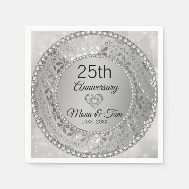 Serviette En Papier Argent Floral Damask Et Coeur (Devant)