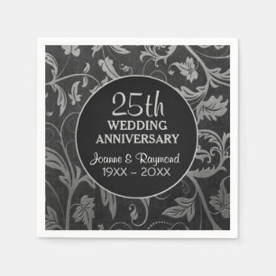 Serviette En Papier Argent Noir Damas 25e anniversaire