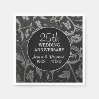 Serviette En Papier Argent Noir Damas 25e anniversaire