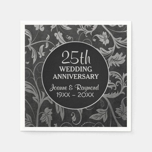 Serviette En Papier Argent Noir Damas 25e anniversaire (Devant)