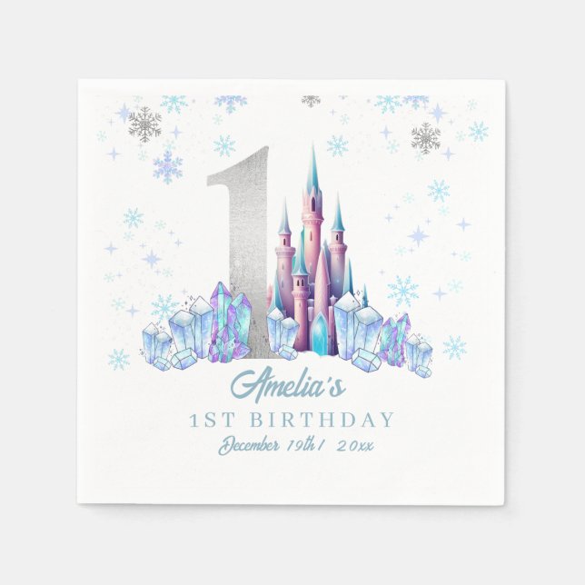 Serviette En Papier Argent Sparkle Royaume gelé Château 1er Anniversai (Devant)