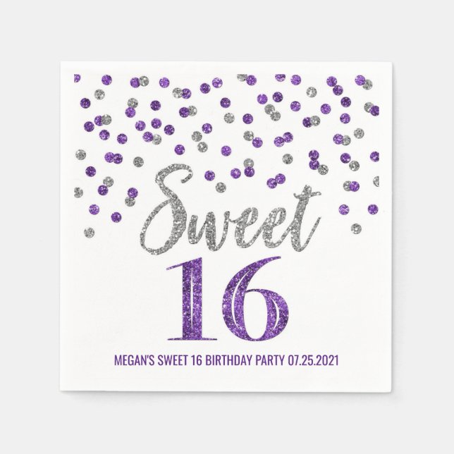 Serviette En Papier Argent violet Confetti Sweet 16 Anniversaire (Devant)
