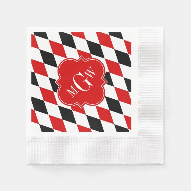 Serviette En Papier Arlequin noir blanc rouge Quatrefoil rouge 3 Monog (Devant)