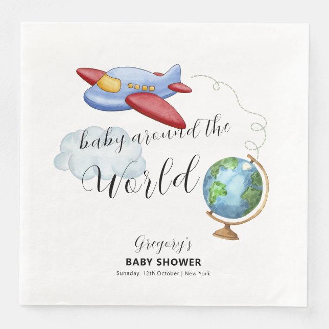 Serviette En Papier Around The World Map Airplane Boy Baby Shower (Devant)