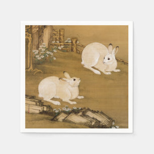 Serviette En Papier Art chinois vintage Deux lapins blancs Peinture