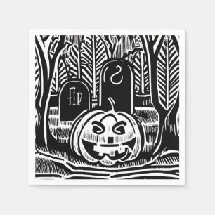 Serviette En Papier Art de cimetière de citrouille d'Halloween noir bl