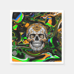 Serviette En Papier Art de crâne de sucre noir orange et vert citron
