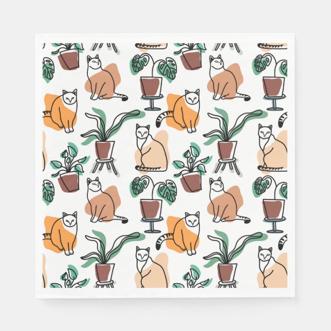 Serviette En Papier Art de trait dessin chats et fleurs (Devant)