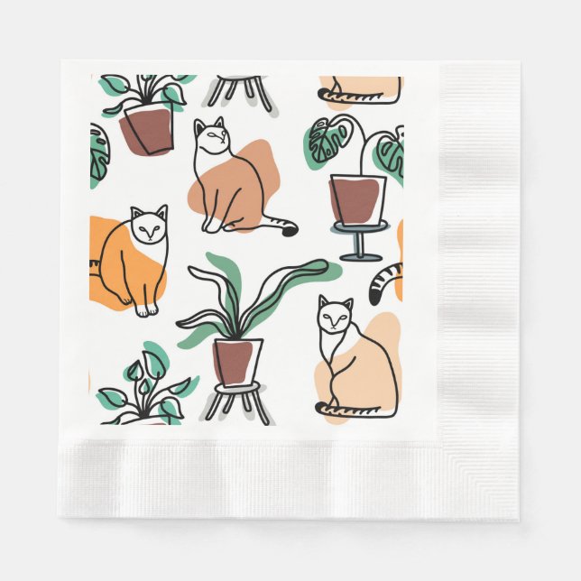 Serviette En Papier Art de trait dessin chats et fleurs (Devant)