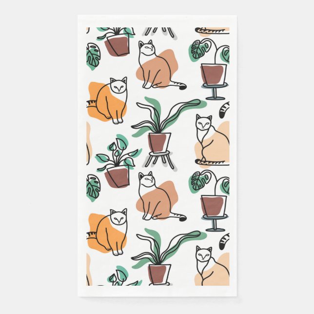 Serviette En Papier Art de trait dessin chats et fleurs (Devant)