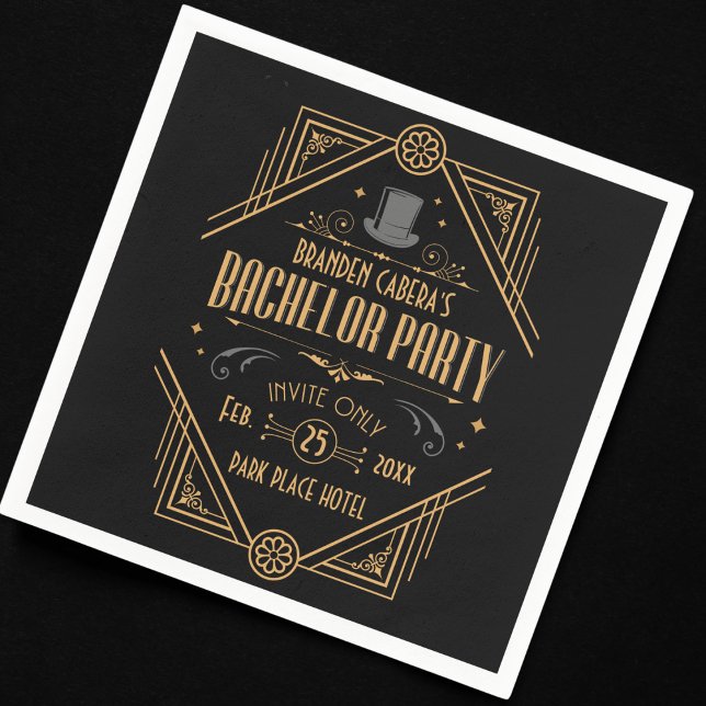 Serviette En Papier Art Déco Bachelor Party Favoriser (bachelor party paper napkin Art Deco speakeasy 1920s theme gold and black groomsmen best man gift)