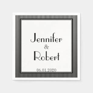 Serviette En Papier Art Déco Elegant Mariage en bande noir et blanc