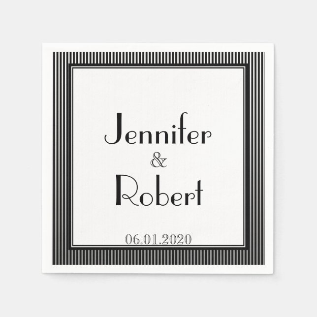 Serviette En Papier Art Déco Elegant Mariage en bande noir et blanc (Devant)