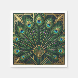 Serviette En Papier Art Déco plumes de paon or vert émeraude