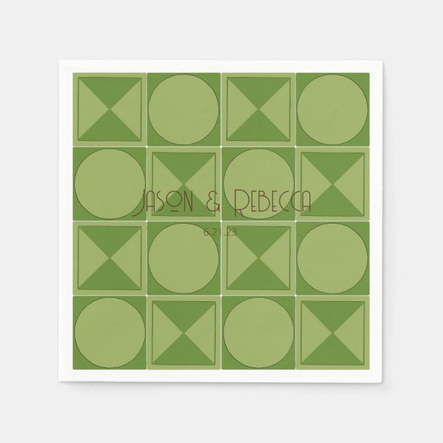 Serviette En Papier Art Déco Vert Rétro Mariage géométrique Monogramme (Devant)
