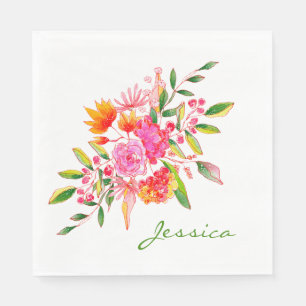 Serviette En Papier Art floral aquarelle rose coloré personnalisé